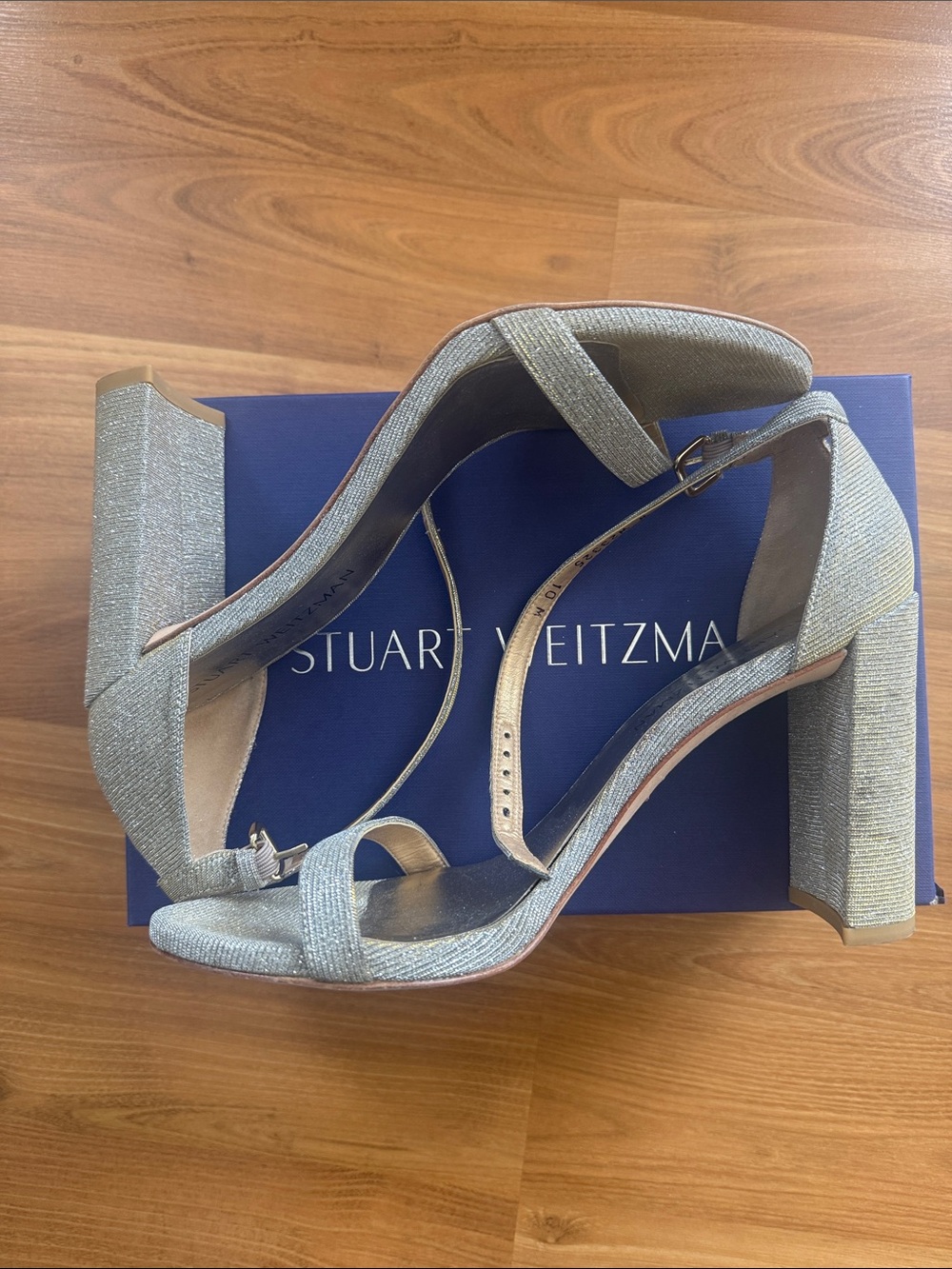 Stuart Weitzman walkway Silver Sparkle Block Heel Sandals